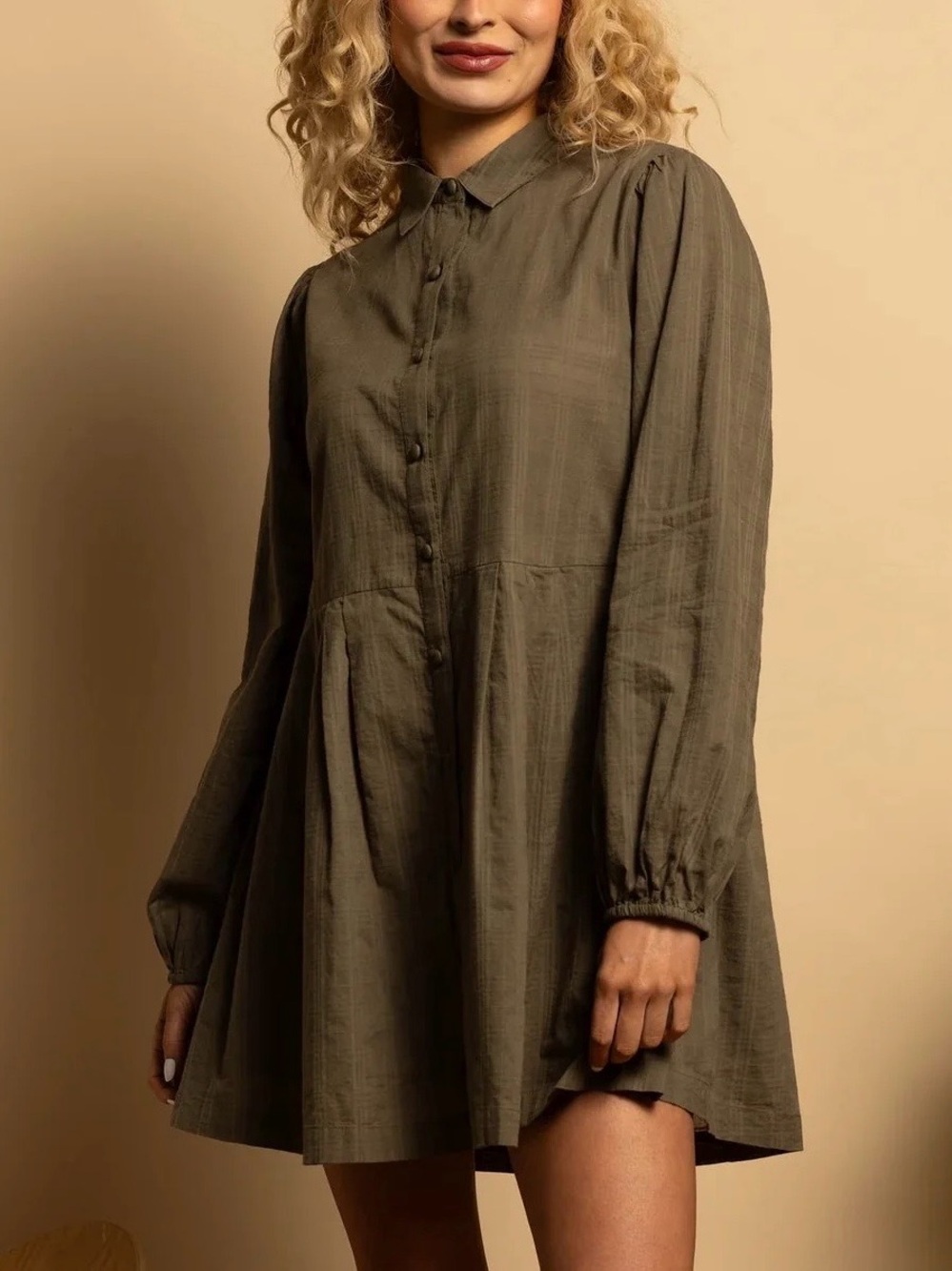 Shore Olive Button-Front Mini Dress with Long Sleeves